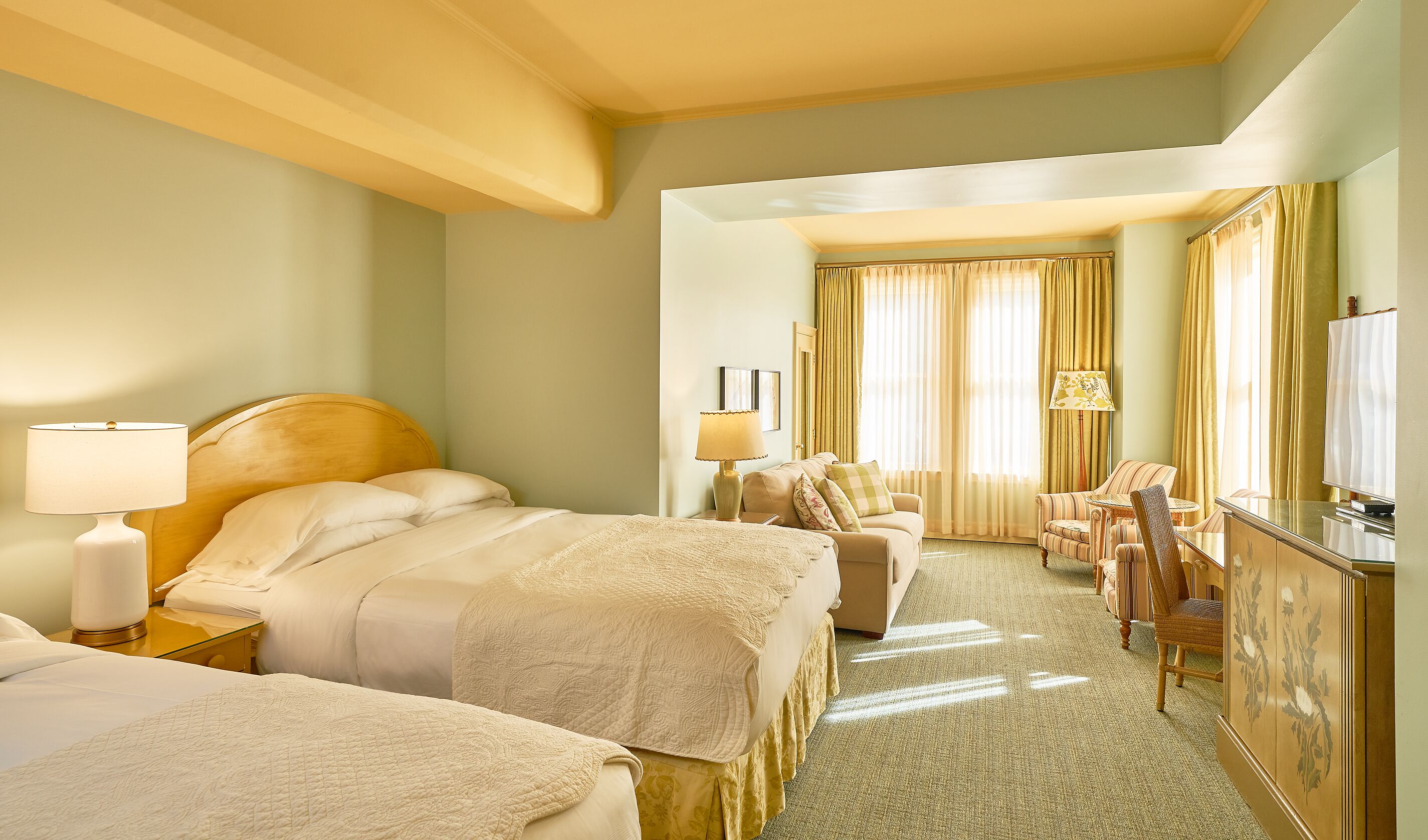 deluxe room, 2 queen beds | 1 bedroom, frette italian sheets, premium bedding, down duvets