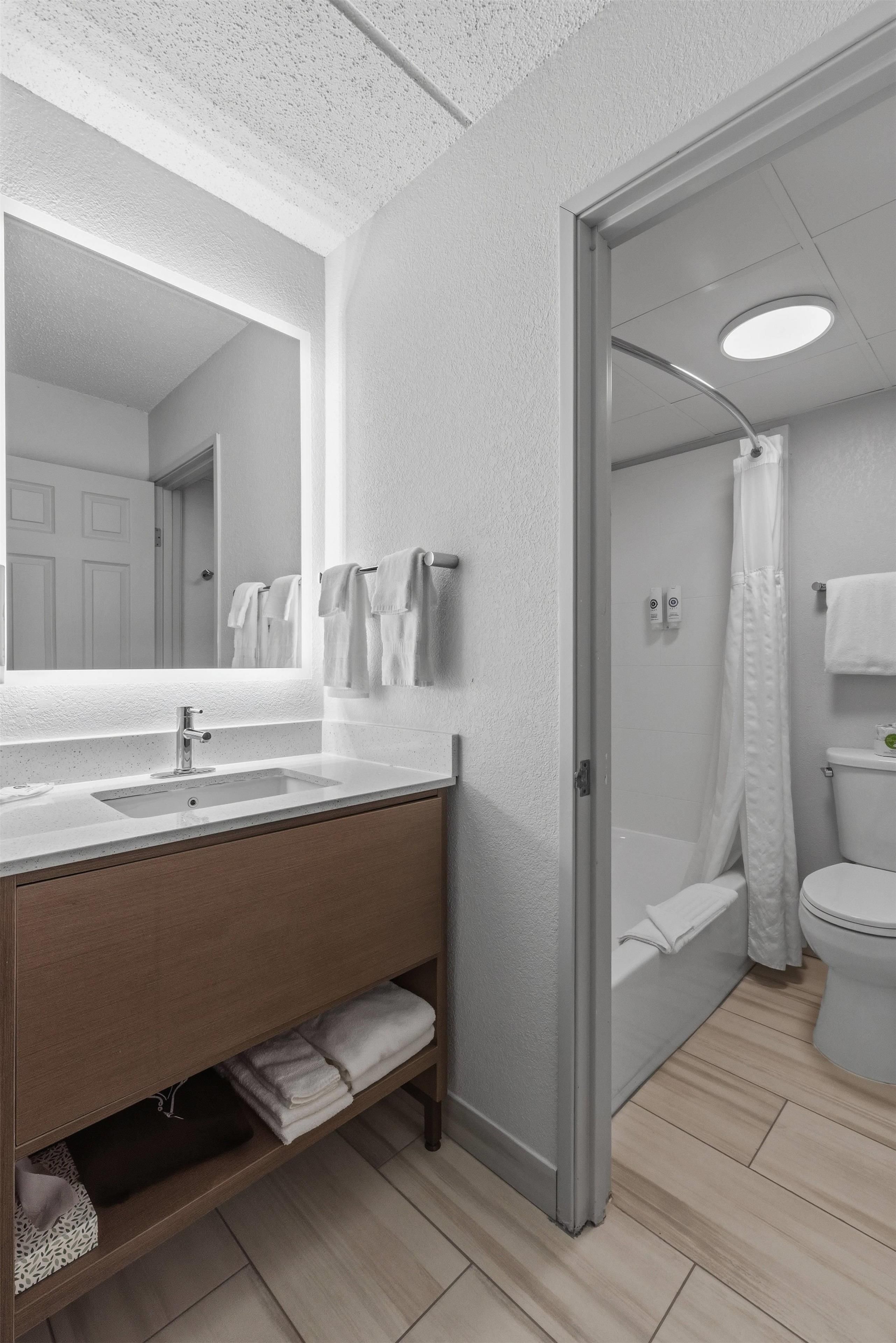 Un baño moderno con un espejo grande, un lavamanos y una zona de ducha.
