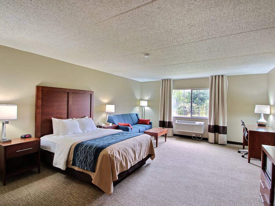 A hotel room with a bed, a desk, a chair, a nightstand, a lamp, a window with curtains, and a wall-mounted TV.