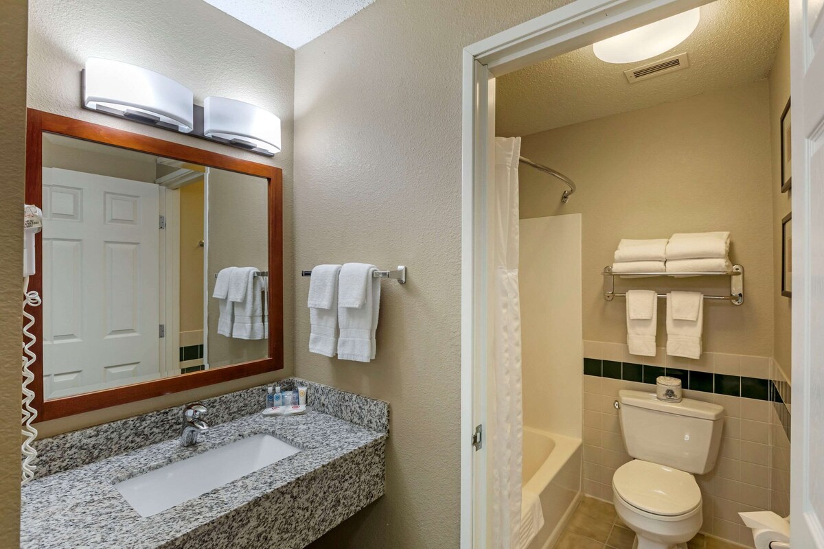 A bathroom with a granite sink, white toilet, and a shower area.
