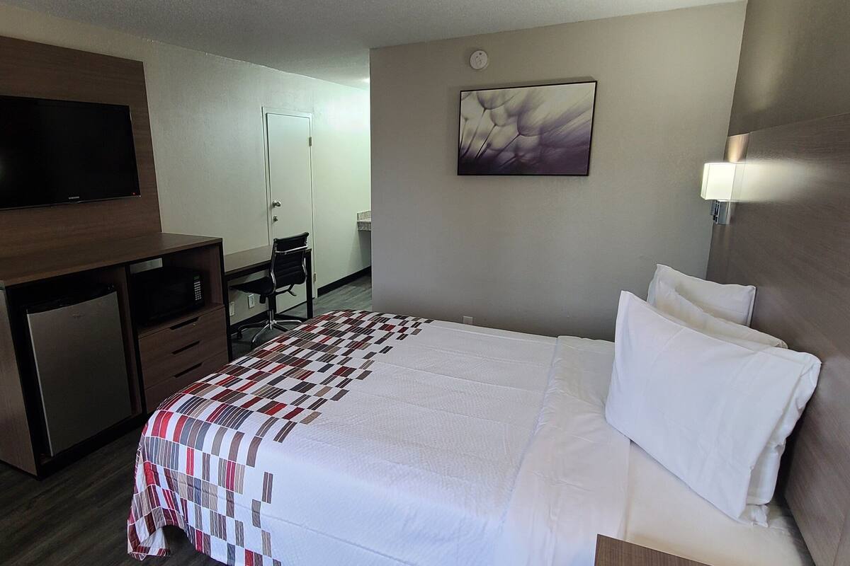 Une chambre d’hôtel avec un lit, un bureau, une chaise, une télévision et un tableau au mur.