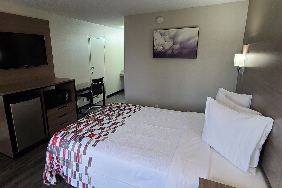 Une chambre d’hôtel avec un lit, un bureau, une chaise, une télévision et un tableau au mur.