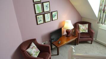 Una habitación acogedora con techo inclinado, un televisor sobre un soporte de madera, dos sillones con cojines estampados y una lámpara en el soporte.
