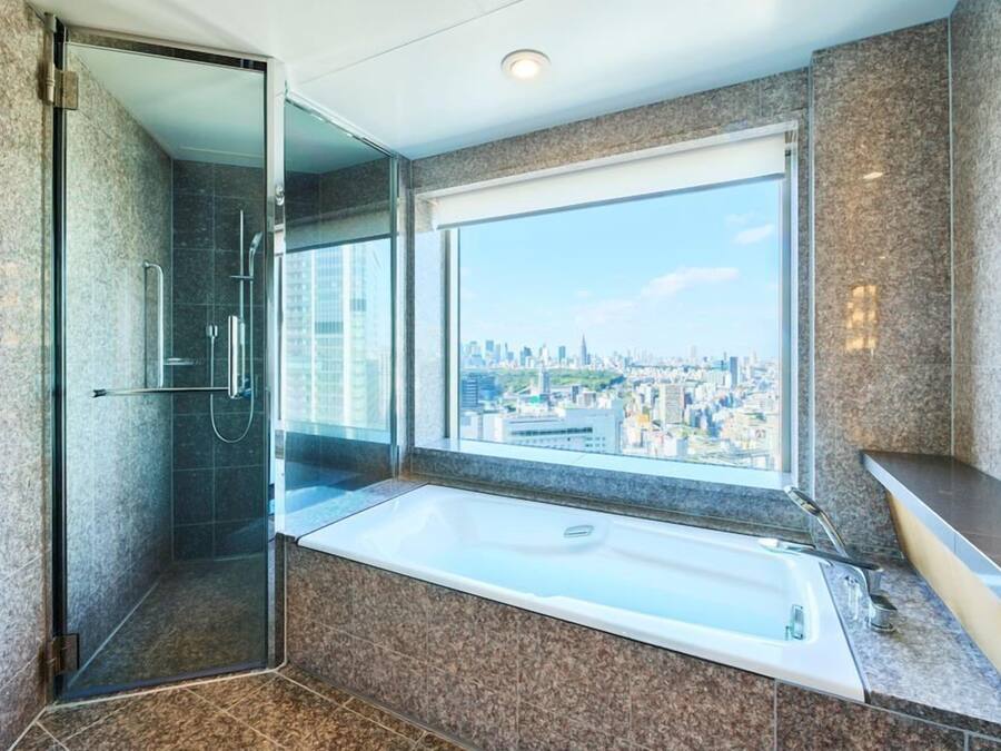 A modern bathroom with a glass-enclosed shower, a large bathtub, and a city view through a large window.