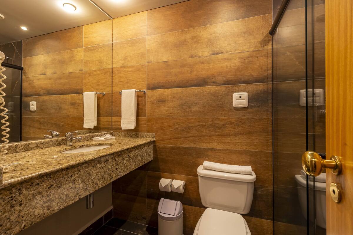 shower, eco-friendly toiletries, hair dryer, towels