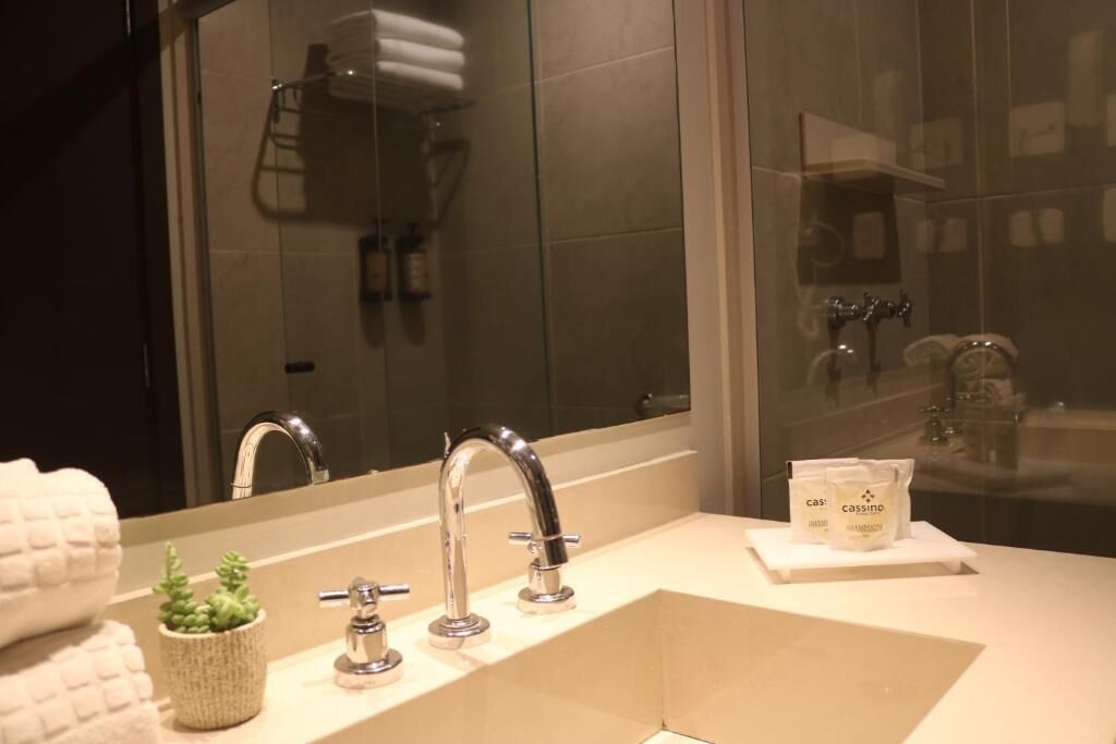 Un bagno con un ampio specchio, un lavabo con due rubinetti e una piccola pianta sul ripiano.