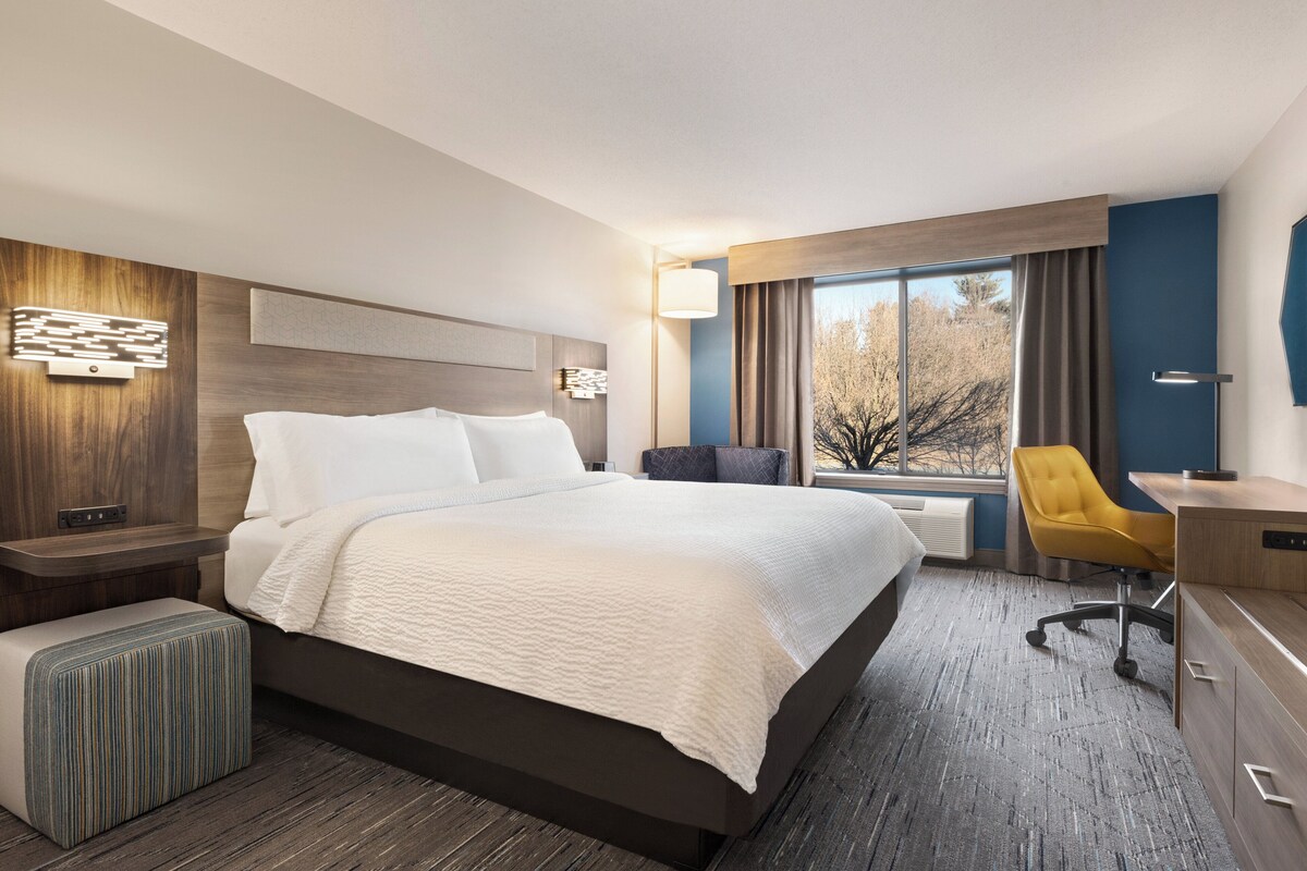 A modern hotel room with a large bed, a desk, a chair, and a view of trees through the window.