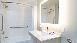 A modern bathroom with a walk-in shower, grab bars, a white sink, and a mirror. - Holiday Inn Express & Suites Watsonville by IHG (Watsonville)