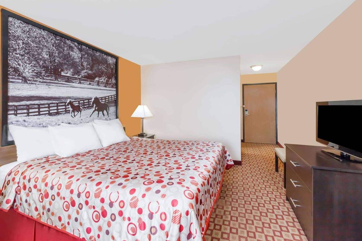 A hotel room with a bed, a TV, a lamp, and a large painting on the wall.