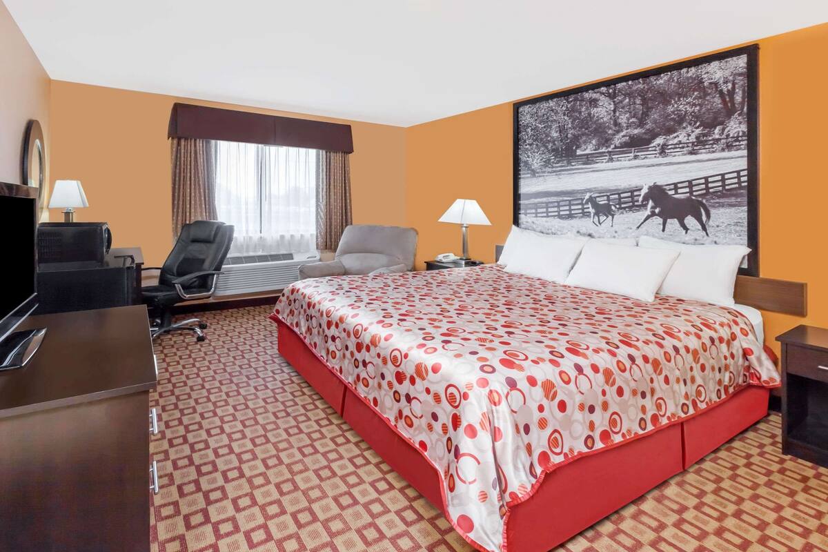 A hotel room with a large bed, two chairs, a desk, and a TV.