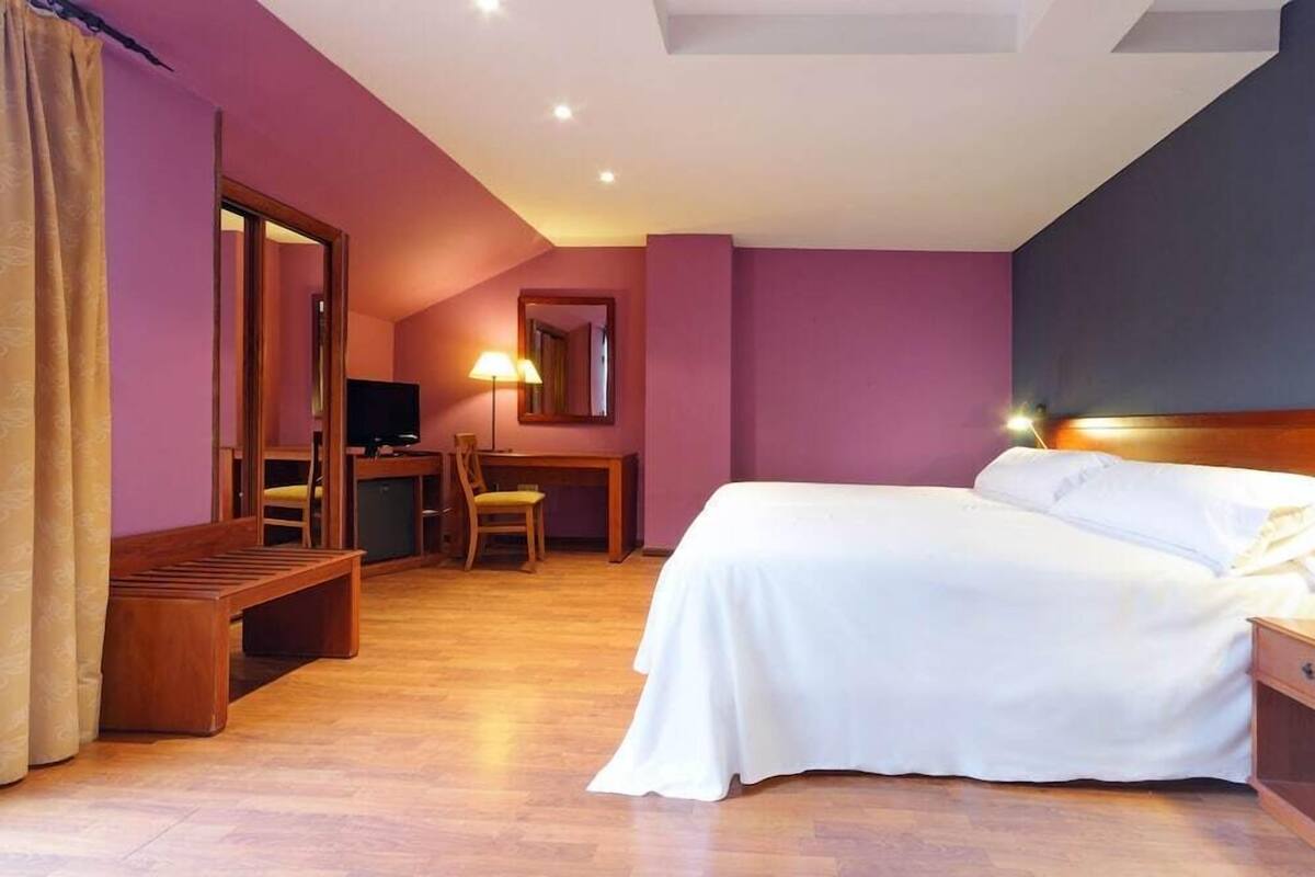 A hotel room with a bed, a desk, a chair, a television, and a mirror.