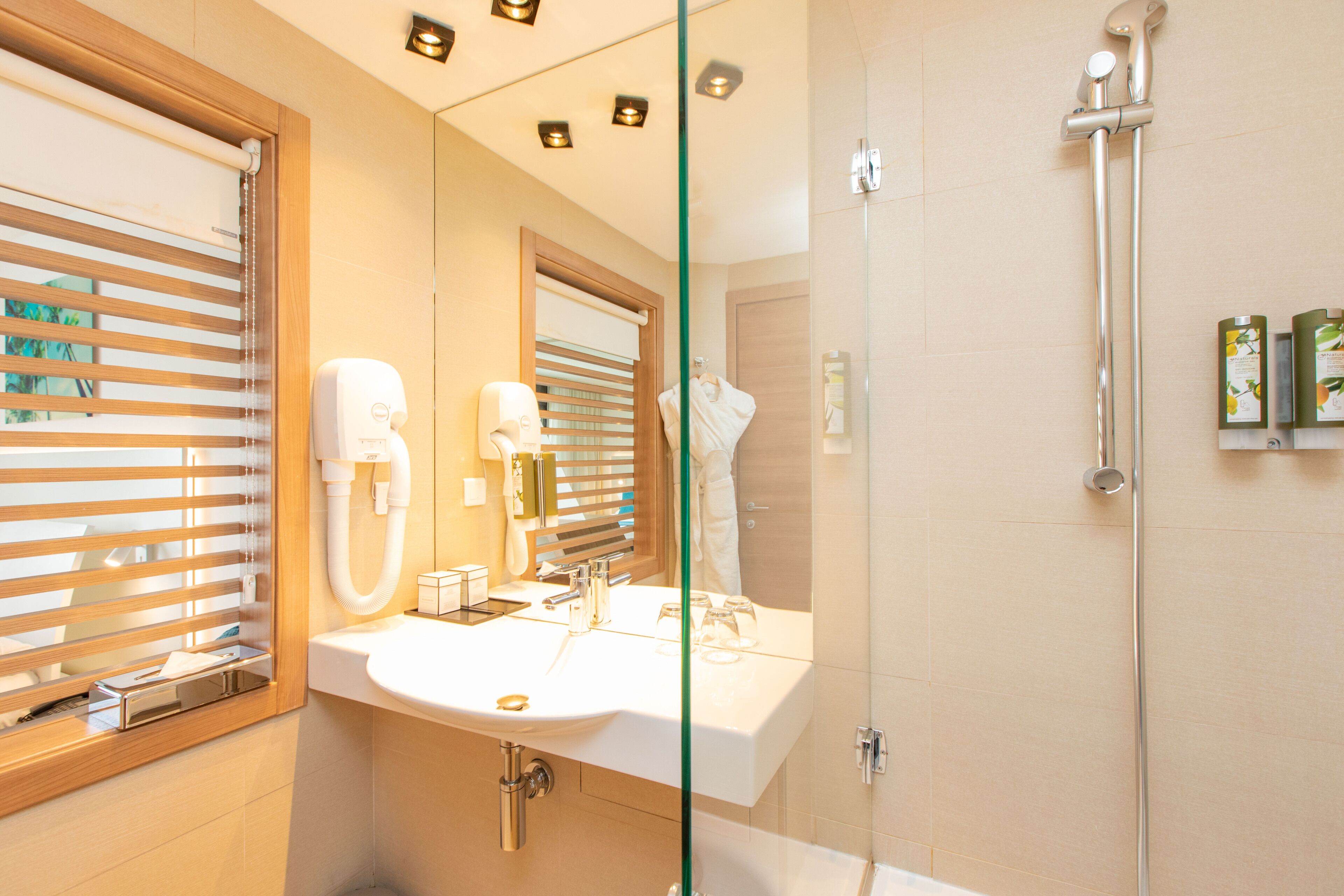 free toiletries, hair dryer, towels