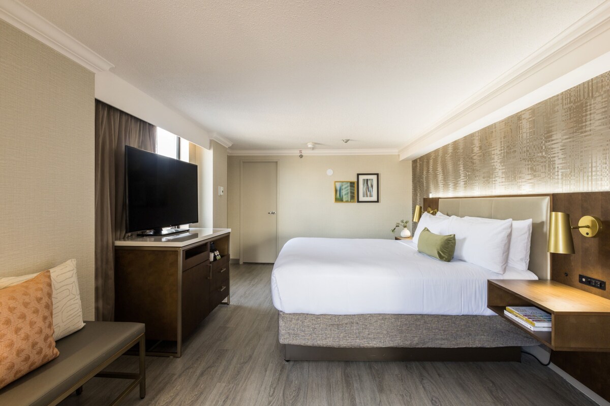 Una habitación de hotel con una cama grande, un televisor de pantalla plana, un escritorio y un banco.