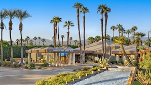 A hotel with a modern design, palm trees, and a landscaped area with a water feature.