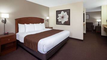 Habitación de hotel con una cama grande, una mesita de noche, una lámpara, una silla y un cuadro en la pared.