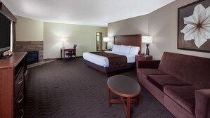 Une chambre d’hôtel avec un lit, un canapé, un bureau et une télévision.