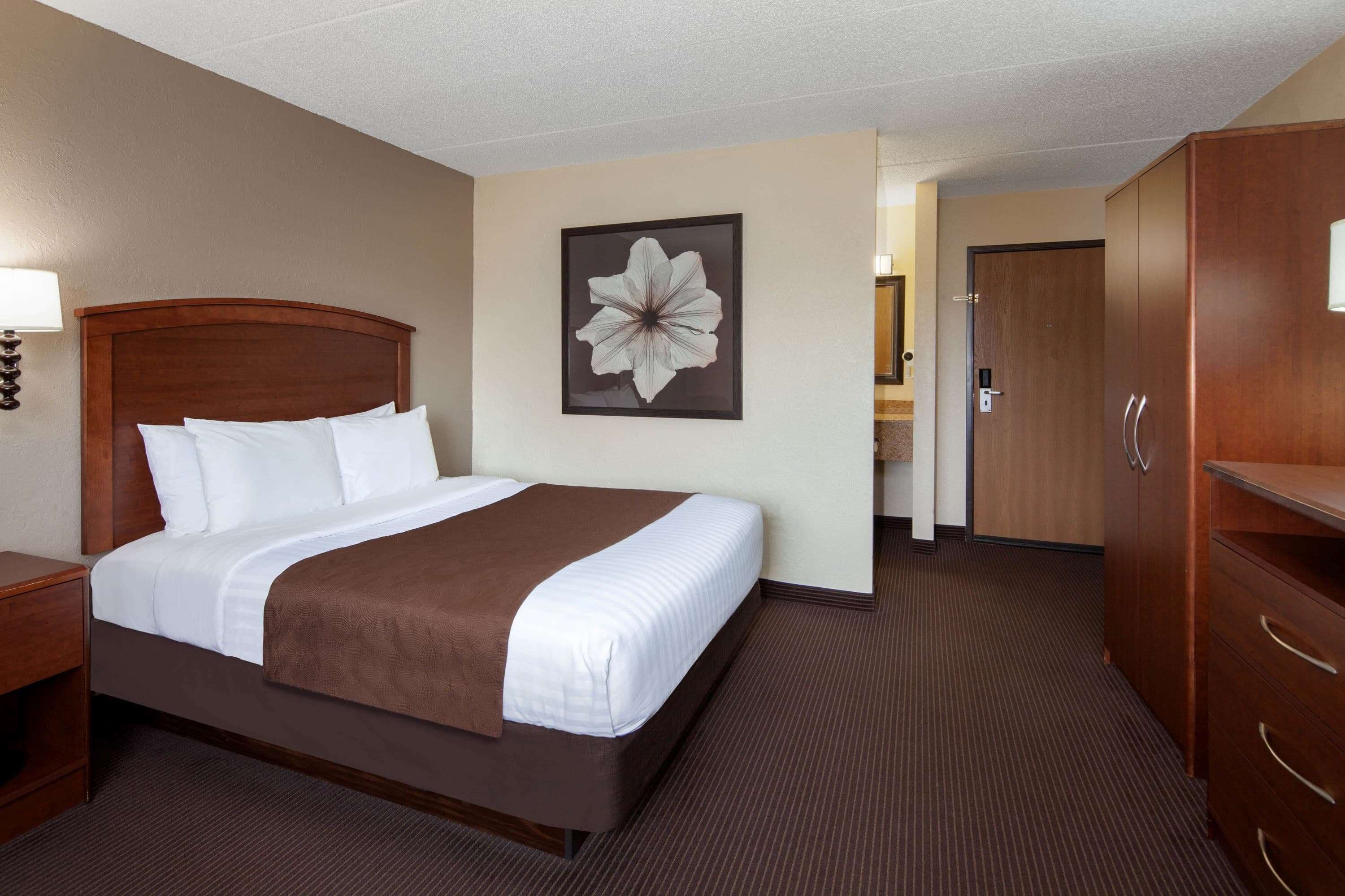 Una habitación de hotel con una cama grande, cabecera de madera, alfombra marrón, armario de madera y un cuadro de flores enmarcado en la pared.