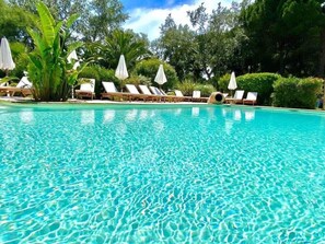 Outdoor pool, open 9:00 AM to 8:00 PM, pool umbrellas, sun loungers