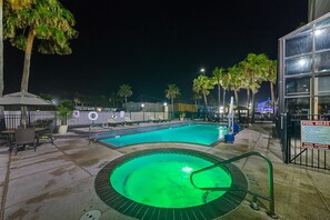 Seasonal outdoor pool, a heated pool, pool loungers