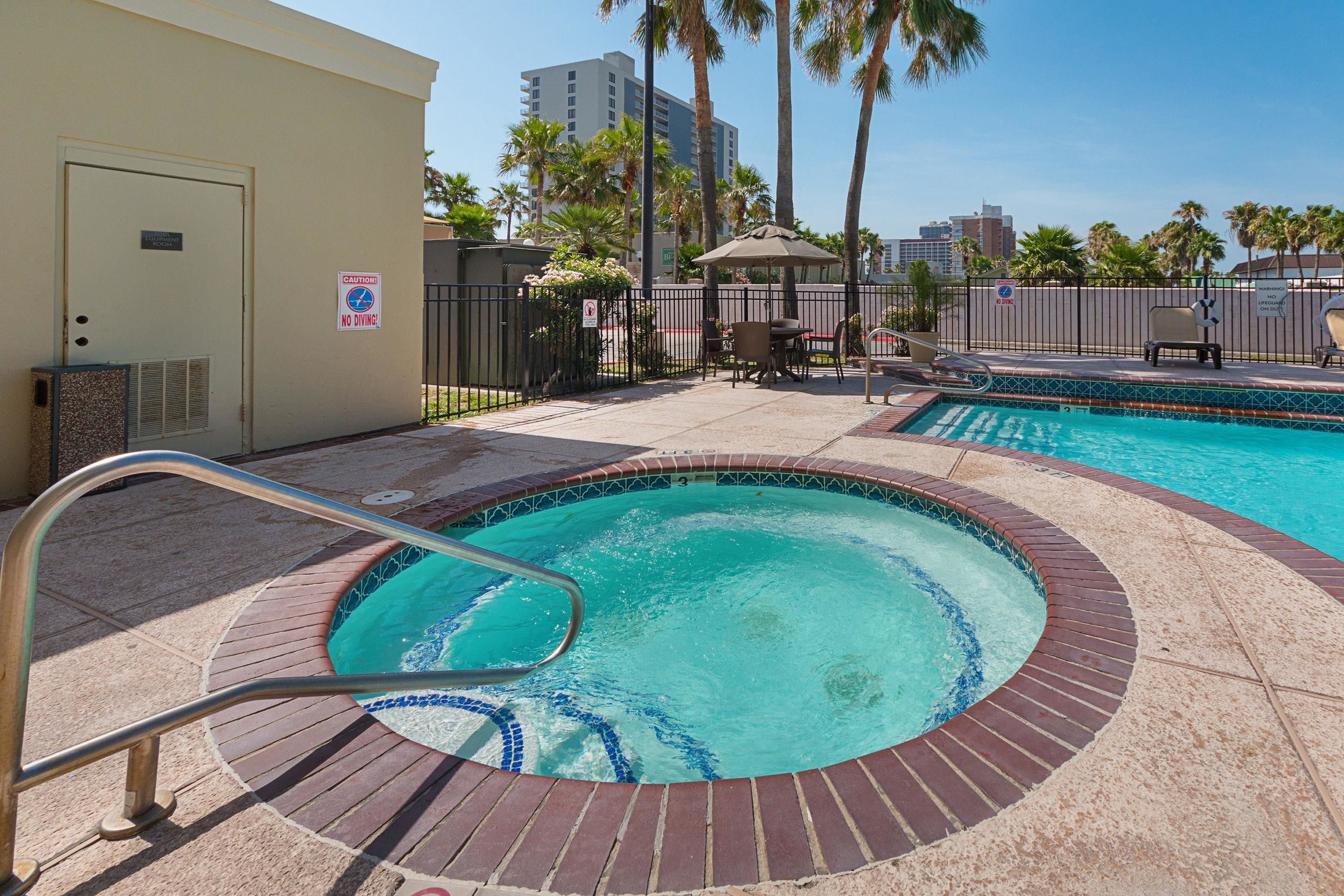 A swimming pool with a brick border and a metal ladder, surrounded by a fence and palm trees.