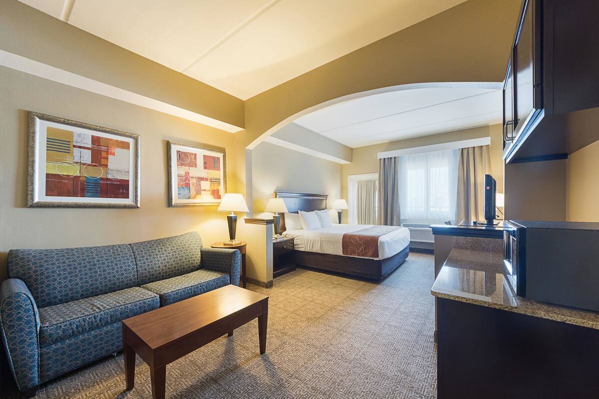 A hotel room with a sofa, a bed, a desk, and a TV.