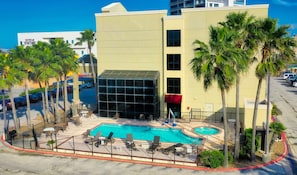 Seasonal outdoor pool, a heated pool, pool loungers