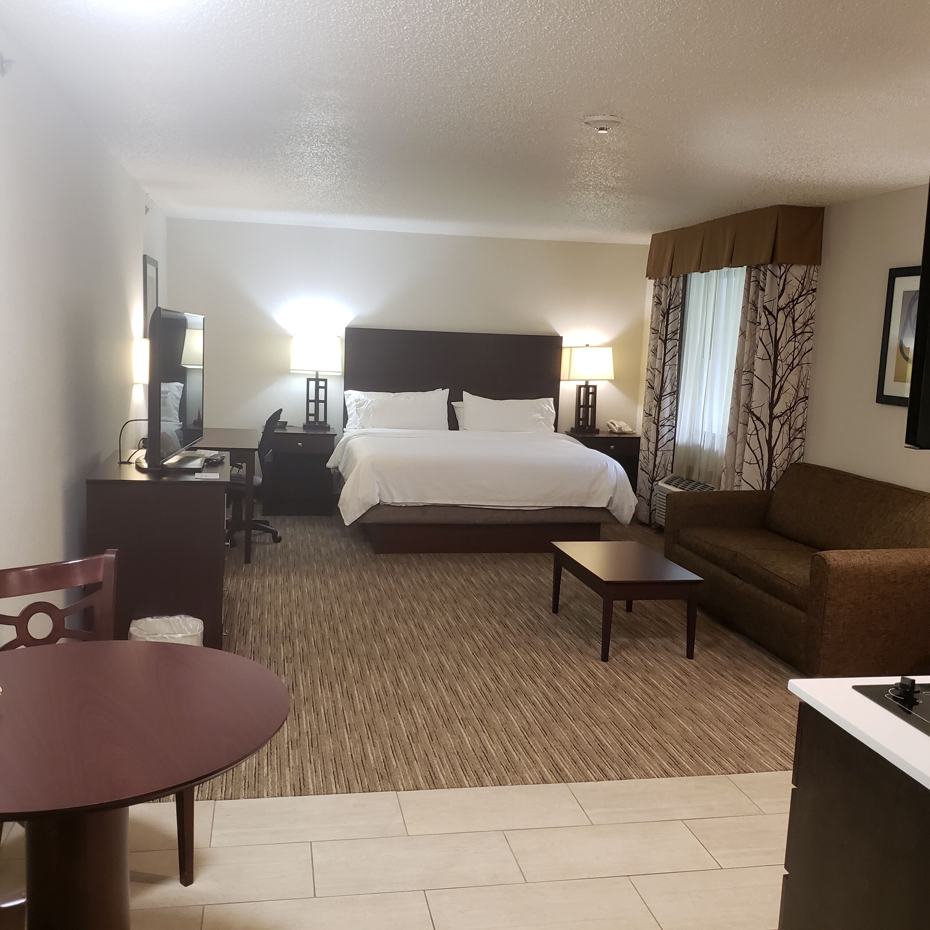 A hotel room with a bed, a desk, a chair, a table, and a couch.