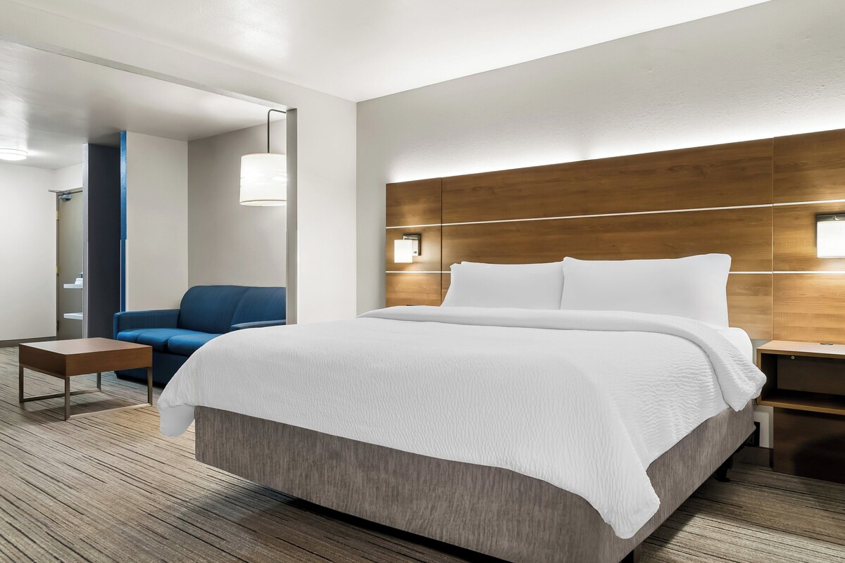 Una habitación de hotel moderna con una cama grande, un sofá azul, una mesita pequeña y una mesita de noche con lámpara.