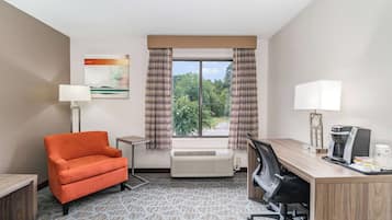 A hotel room with a desk, chair, air conditioning unit, and a view of greenery outside.