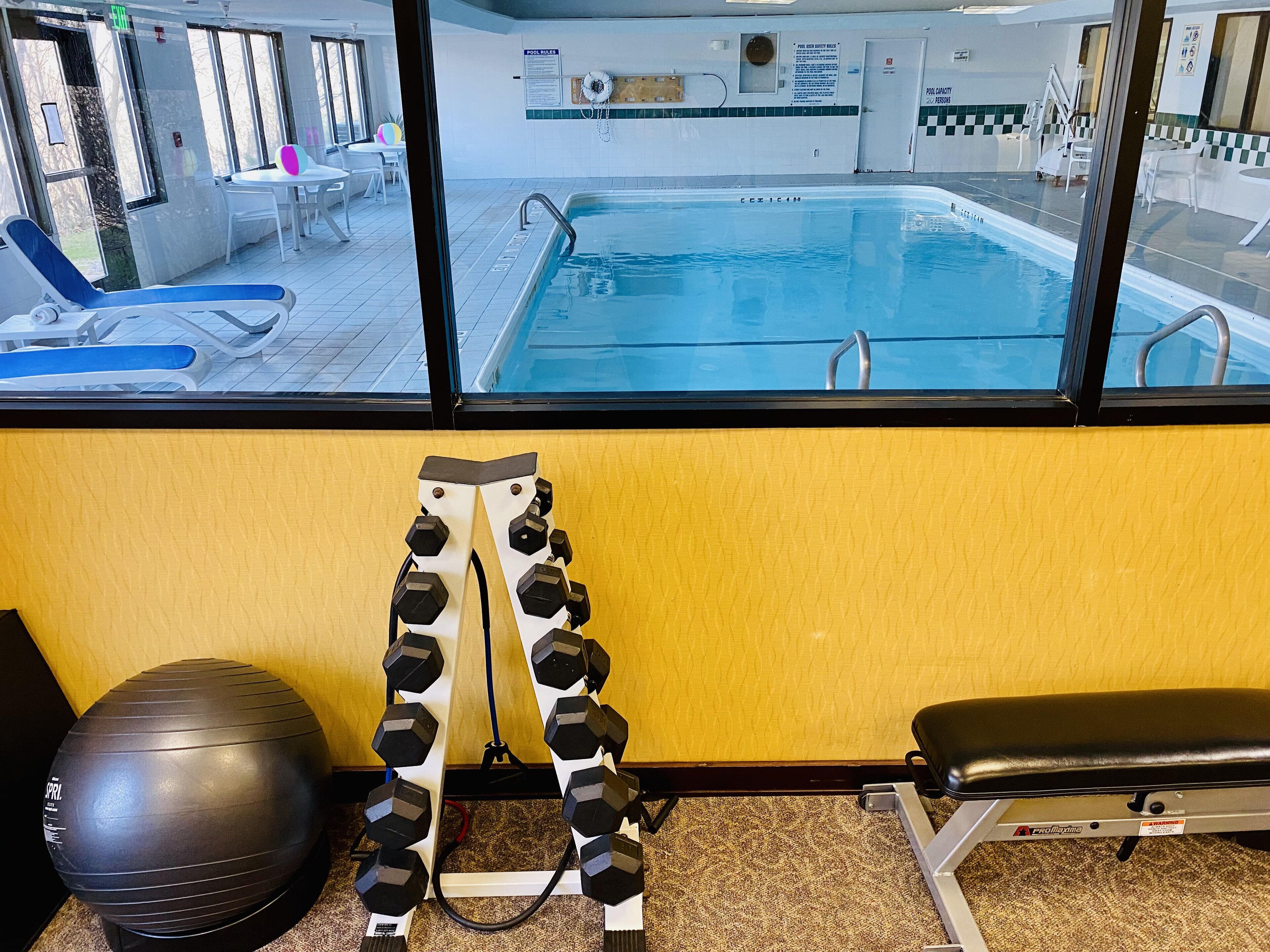 Une salle de sport avec vue sur la piscine, équipée de matériel d’exercice et comprenant un banc.