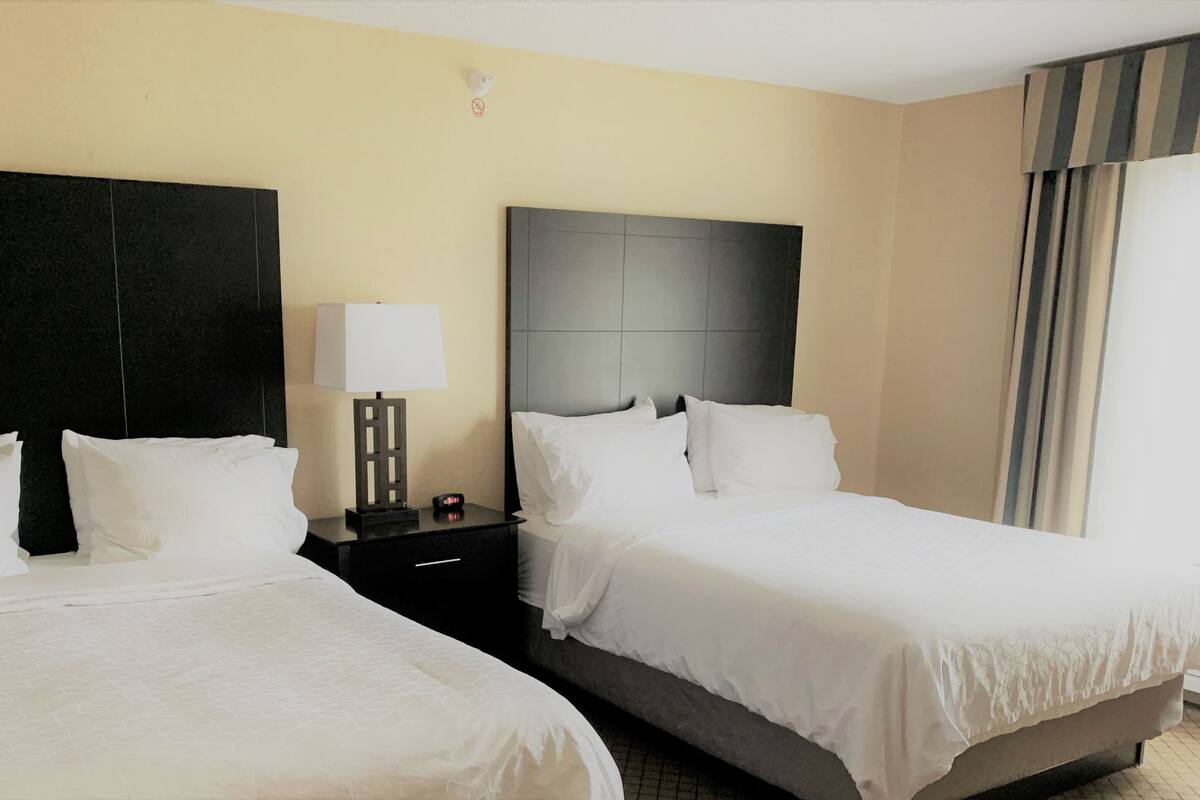Une chambre d’hôtel avec deux lits, une table de chevet avec une lampe et une grande fenêtre avec des rideaux.