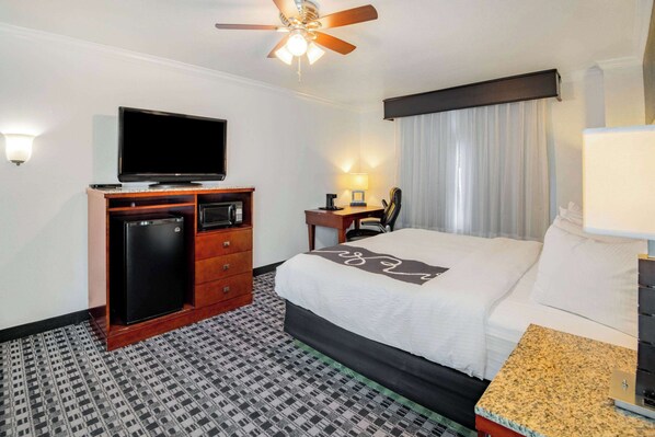 Habitación de hotel con cama, televisor sobre un mueble de madera, escritorio con silla y ventilador de techo.