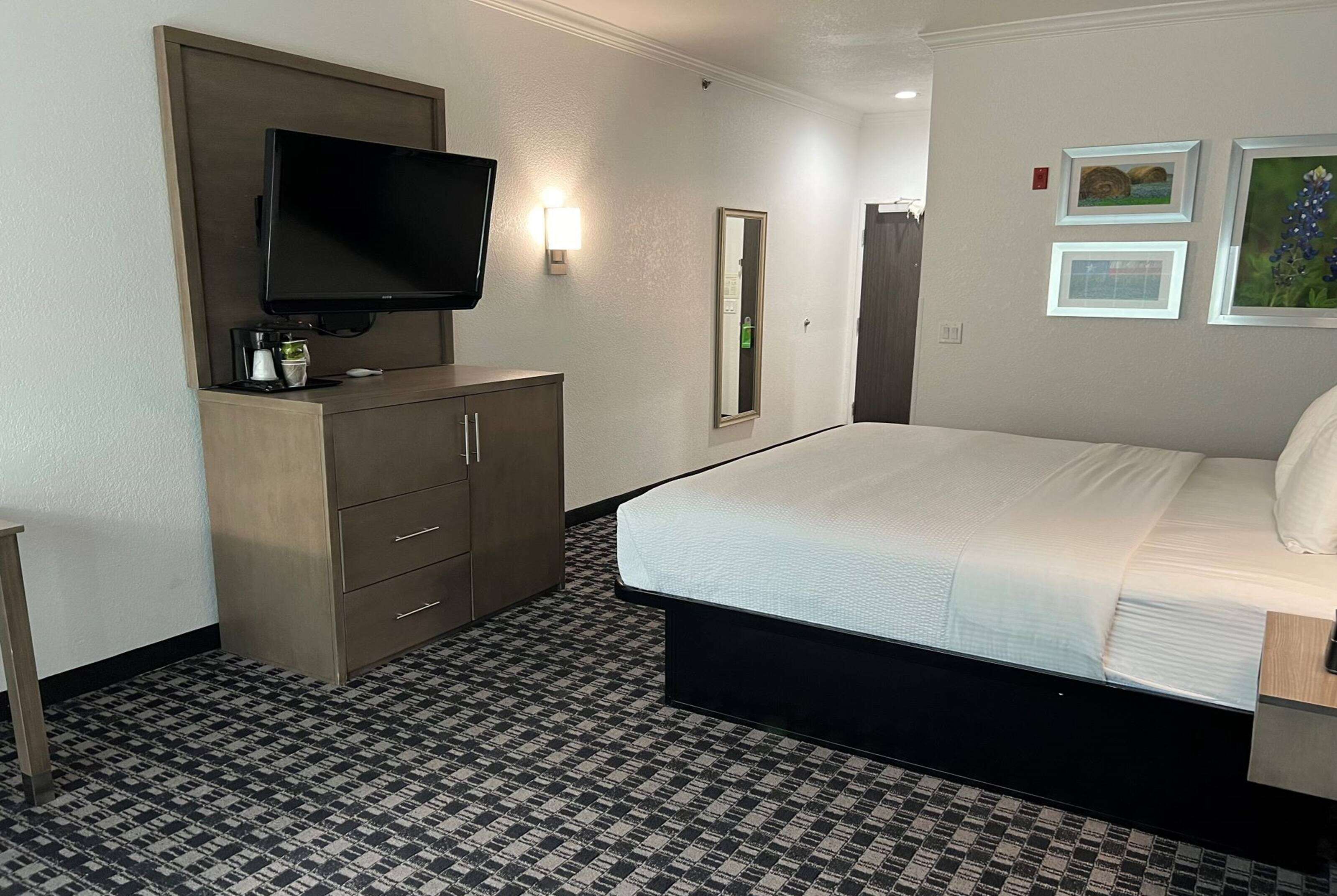 A hotel room with a bed, a television, a dresser, and a mirror.