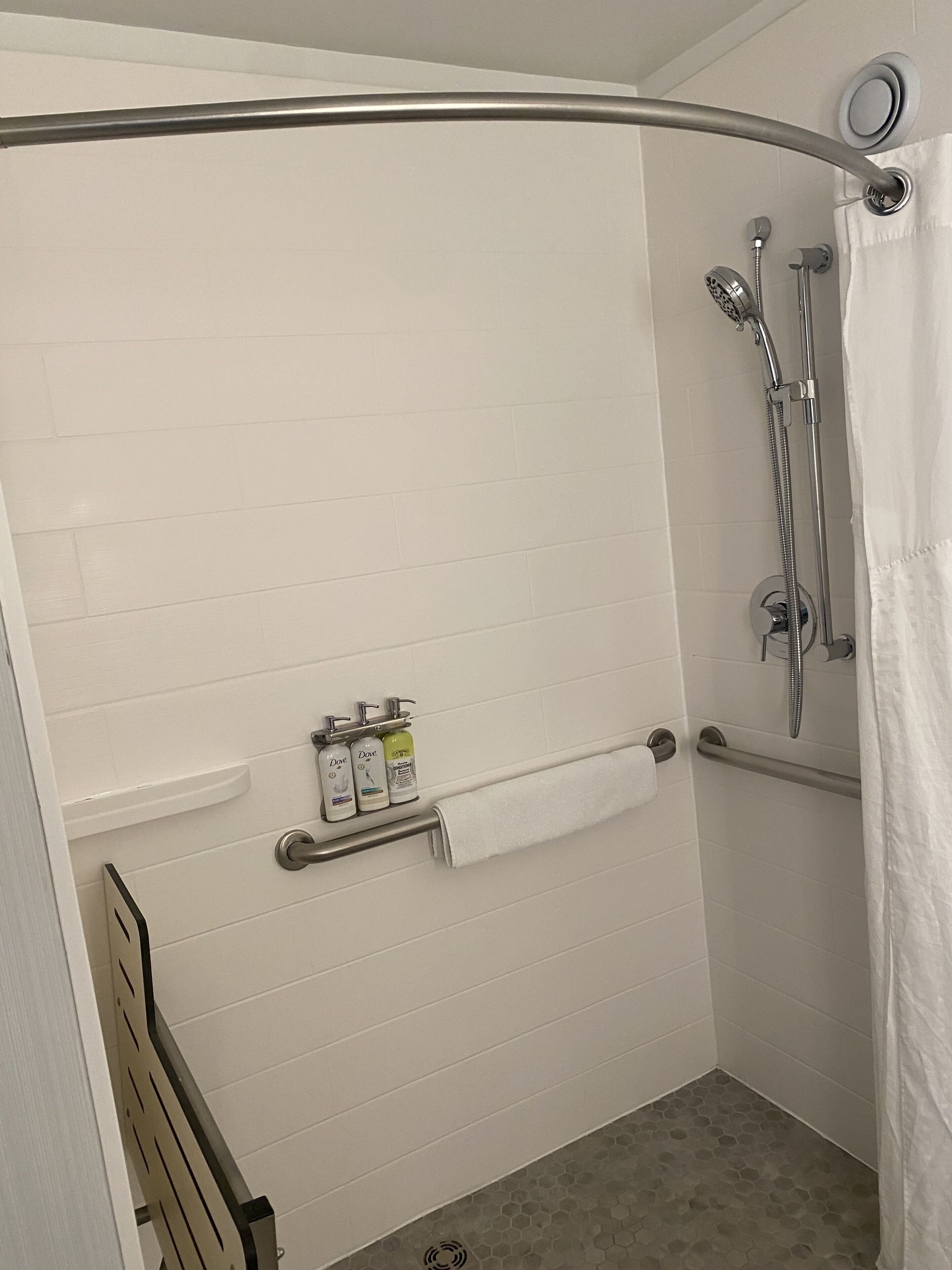 A shower with a handheld showerhead, a handheld shower attachment, and a towel rack with three bottles of Dove body wash.