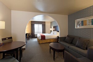 Una habitación de hotel con una cama, un sofá, un escritorio y una silla.