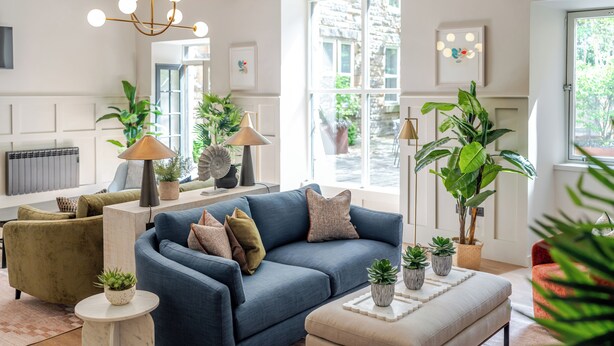 A modern living room with a blue sofa, green armchair, and a beige ottoman. There are several potted plants and a large window providing natural light.