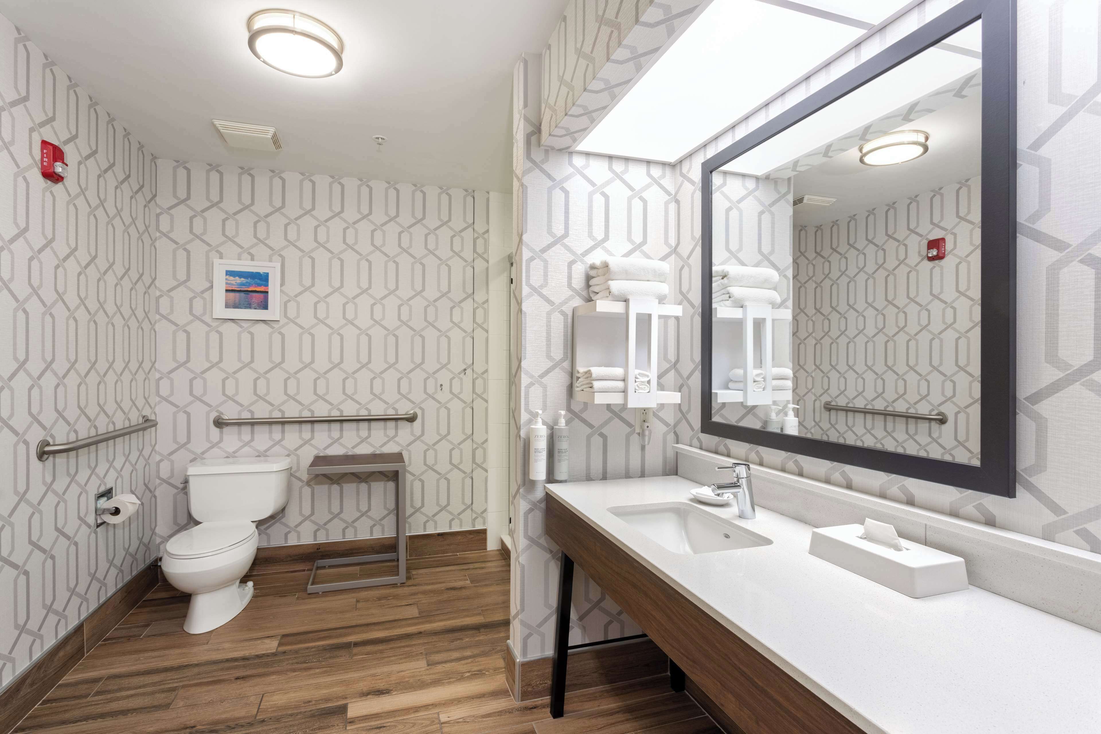 suite, 1 king bed, accessible (roll-in shower) | bathroom | shower, free toiletries, hair dryer, towels