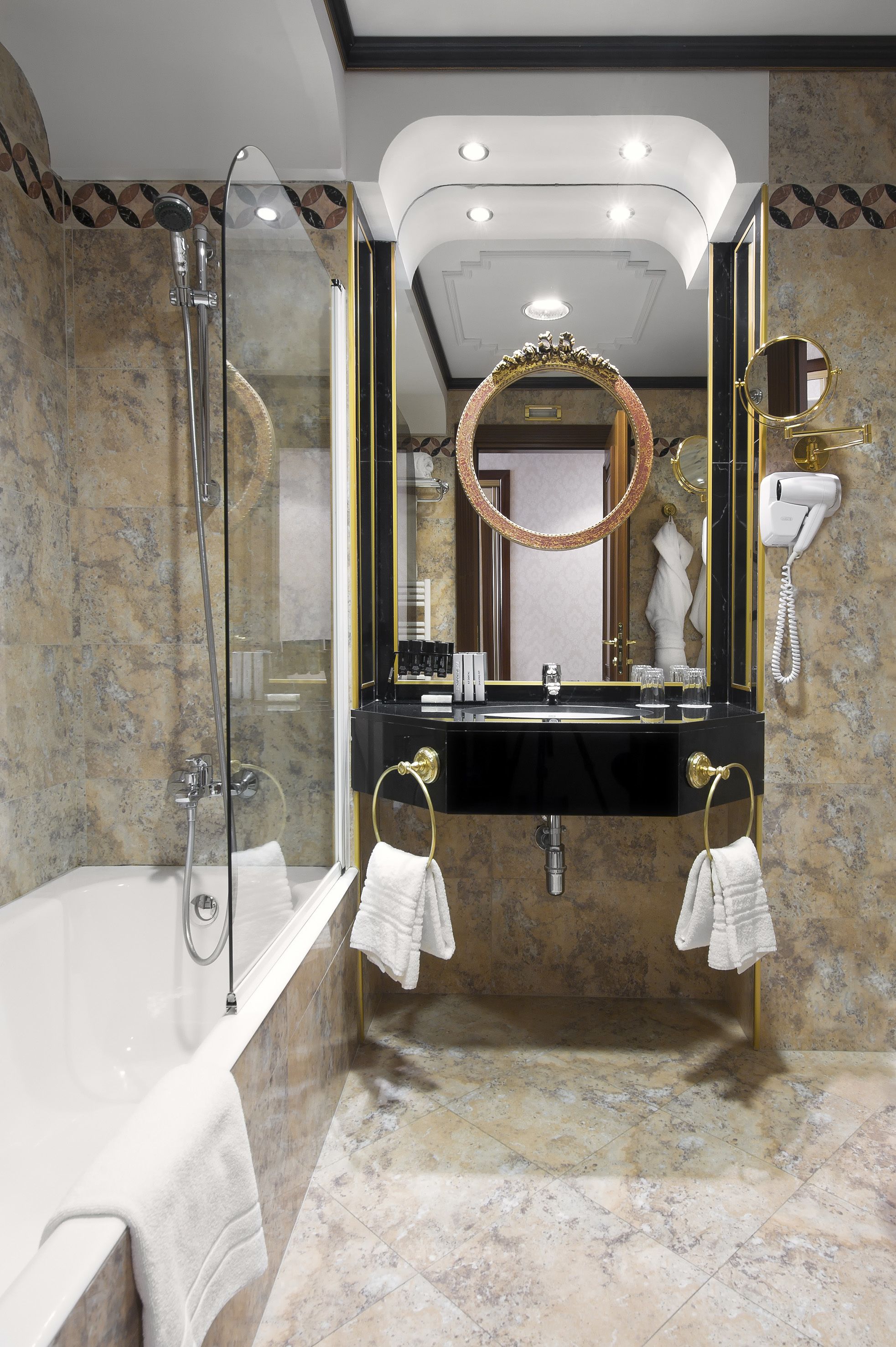 combined shower/bathtub, deep-soaking bathtub, designer toiletries