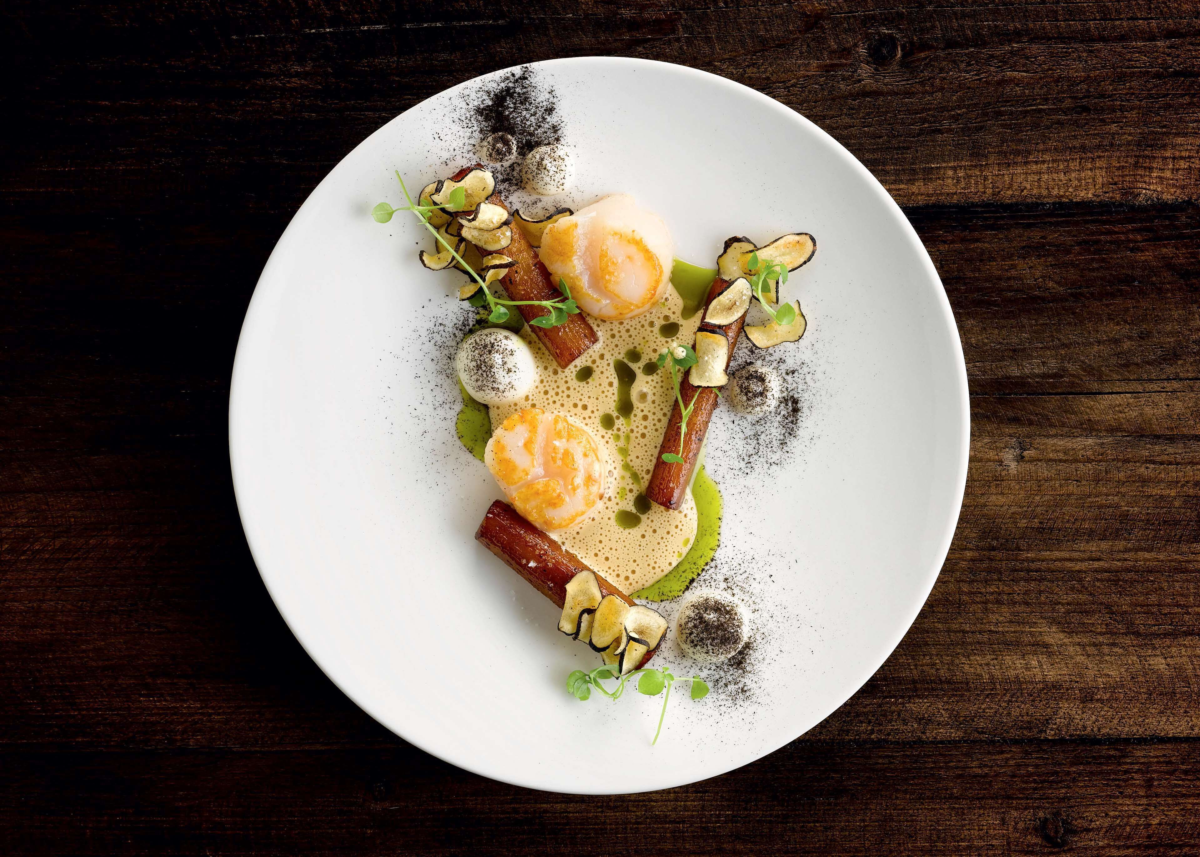 A white plate with a variety of food items including a poached egg, mushrooms, and a piece of meat, arranged artistically on a dark wooden table.