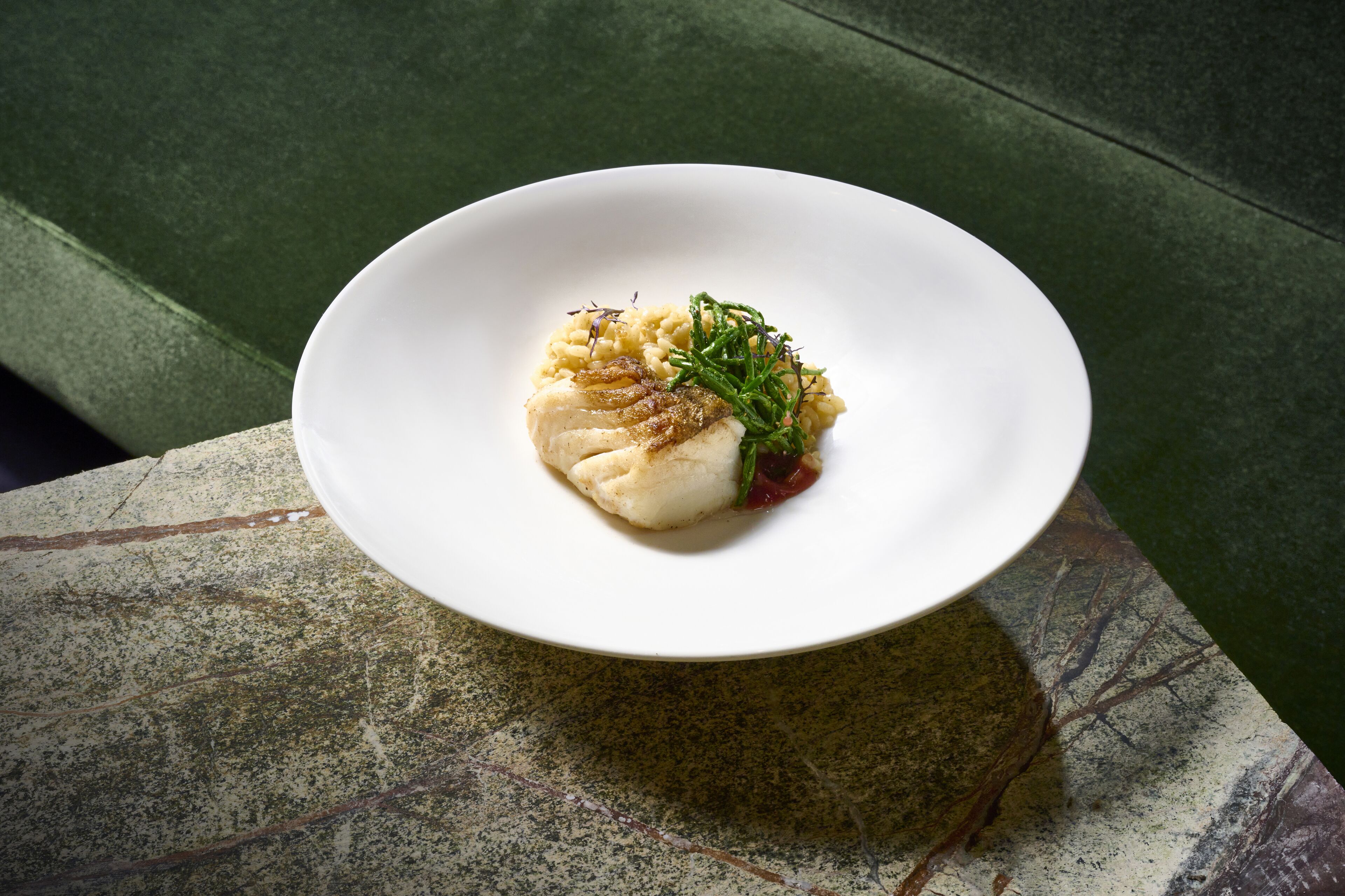 A white plate with a piece of fish, pasta, and greens on a textured surface.