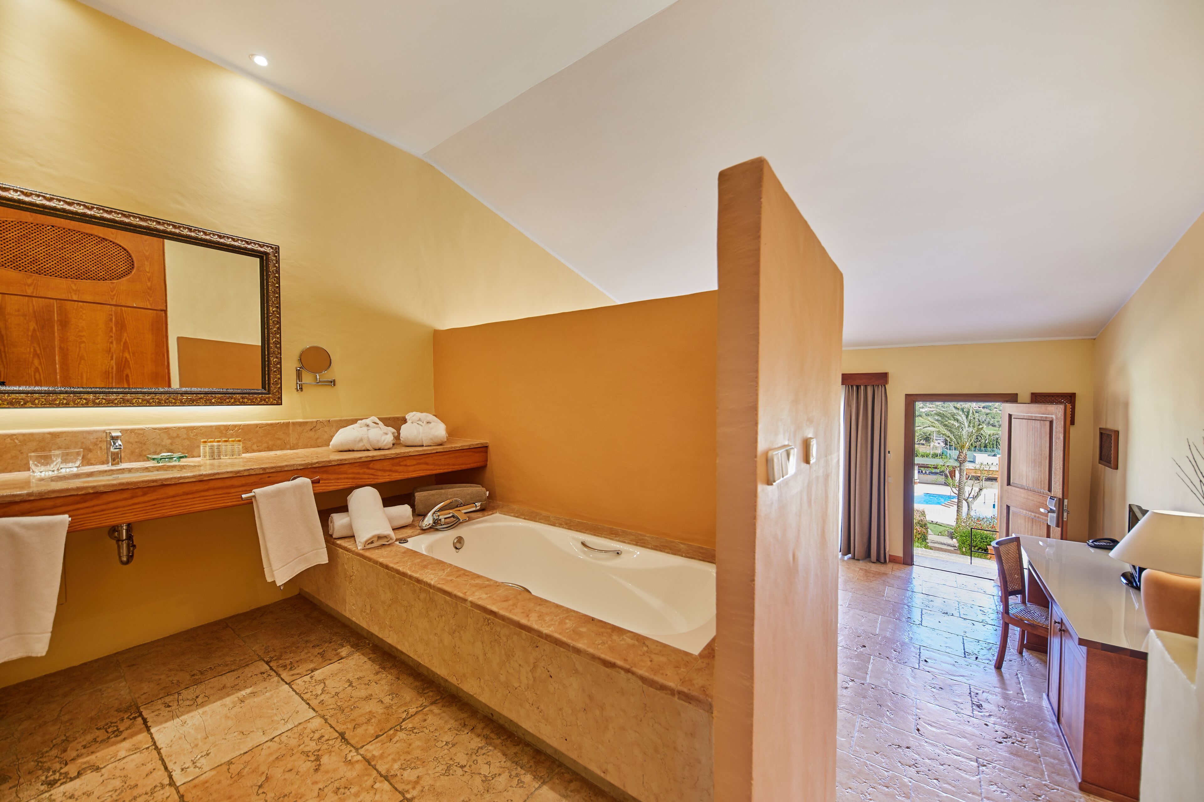 separate bathtub and shower, deep-soaking bathtub, rainfall showerhead