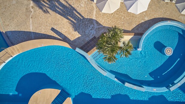 An aerial view of a swimming pool with a palm tree, tiled deck, and umbrellas. - Pula Suites Boutique Resort (Son Servera)