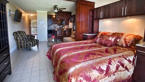 Un dormitorio con una cama grande, una silla y una kitchenette al fondo.
