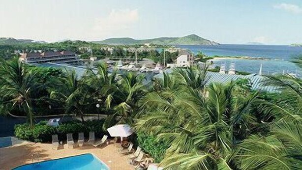 Un resort con piscina, palmeras y vista al mar.