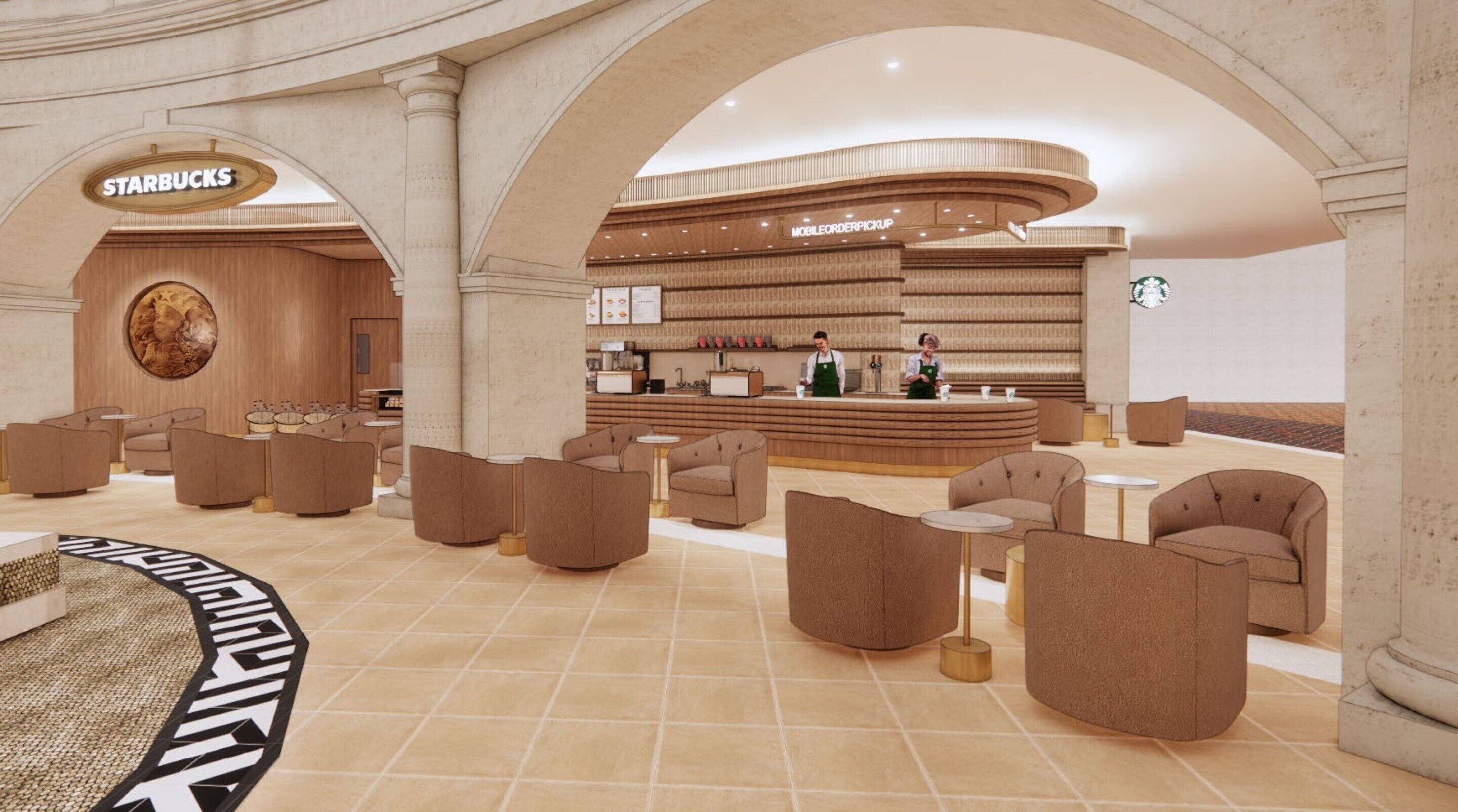 A spacious lobby with a Starbucks and a Mobile Order Pickup counter, featuring modern seating and a tiled floor.