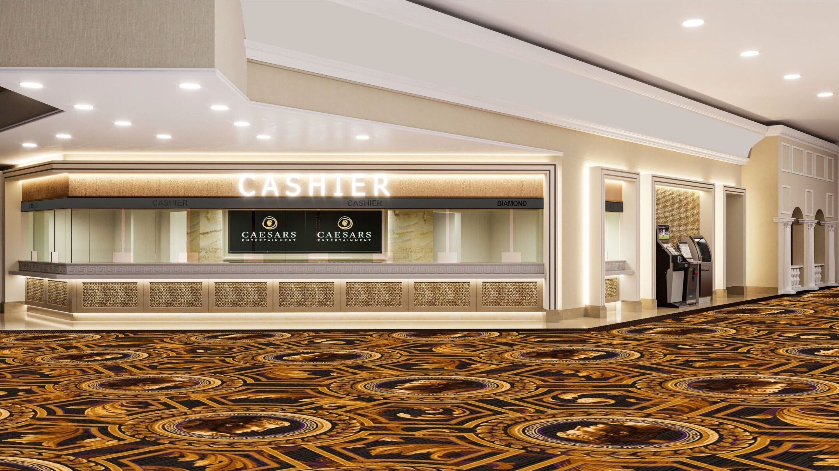 A hotel lobby with a cashier counter, patterned carpet, and columns.