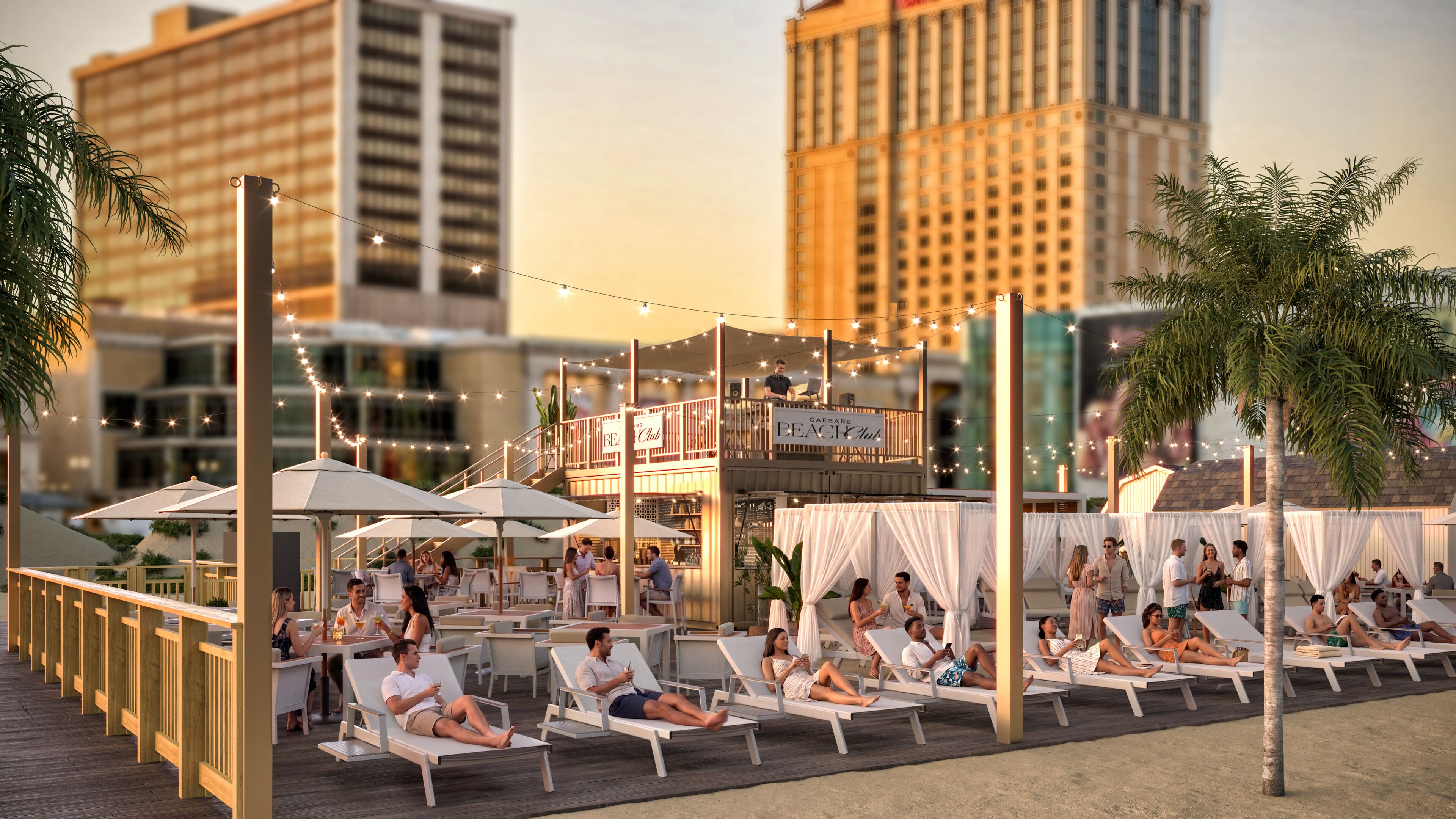 Un bar situé sur le toit d’un immeuble, avec des fauteuils et des parasols, offrant une vue panoramique sur la ville.