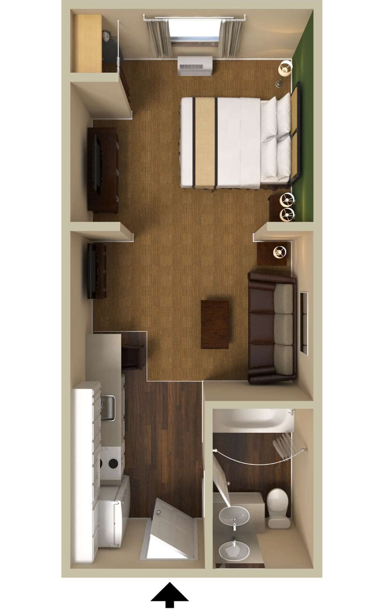 Planta de um quarto de hotel com cama, área de estar, cozinha compacta e banheiro.