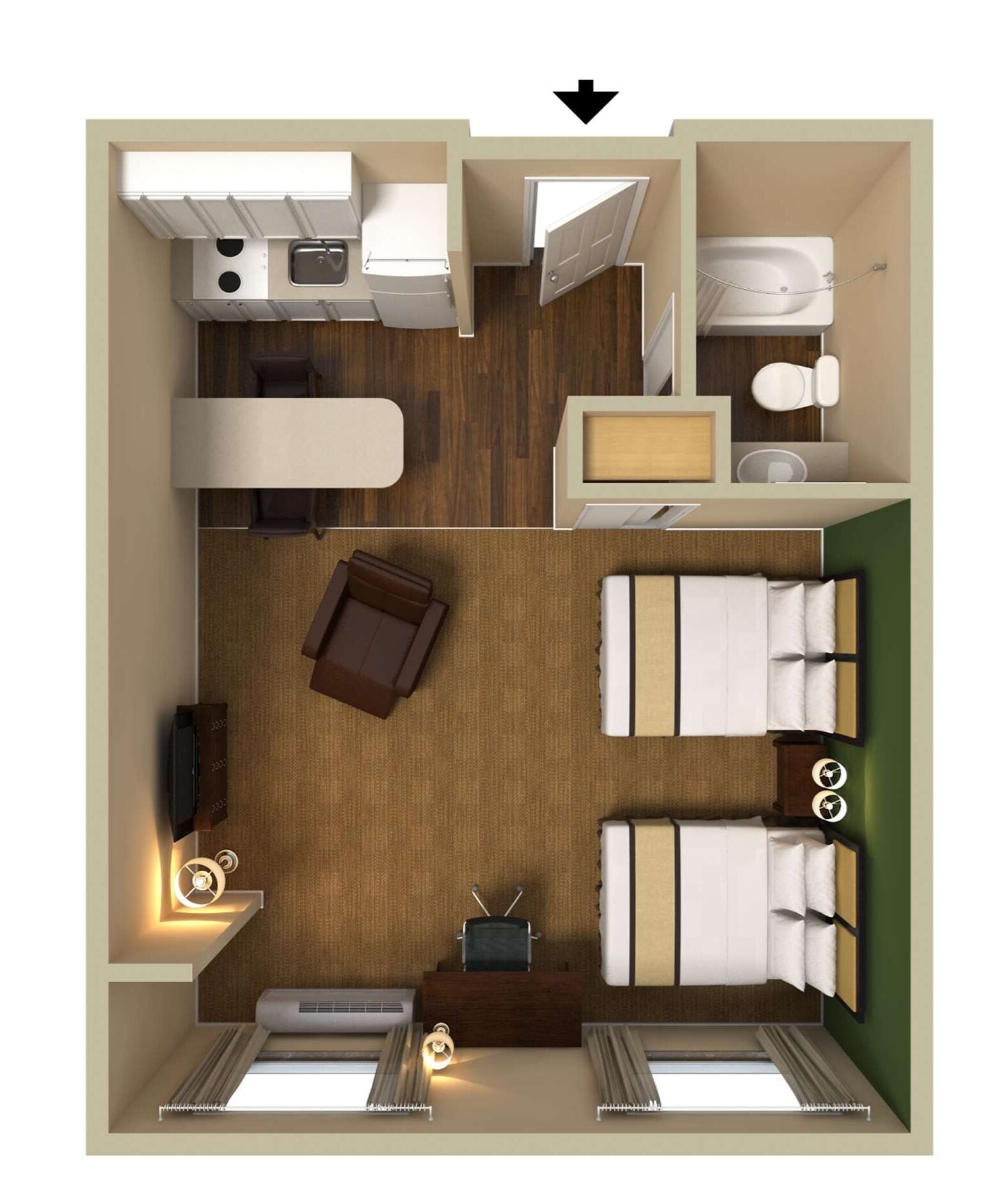A hotel room layout with a bed, a desk, a chair, a TV, and a bathroom.