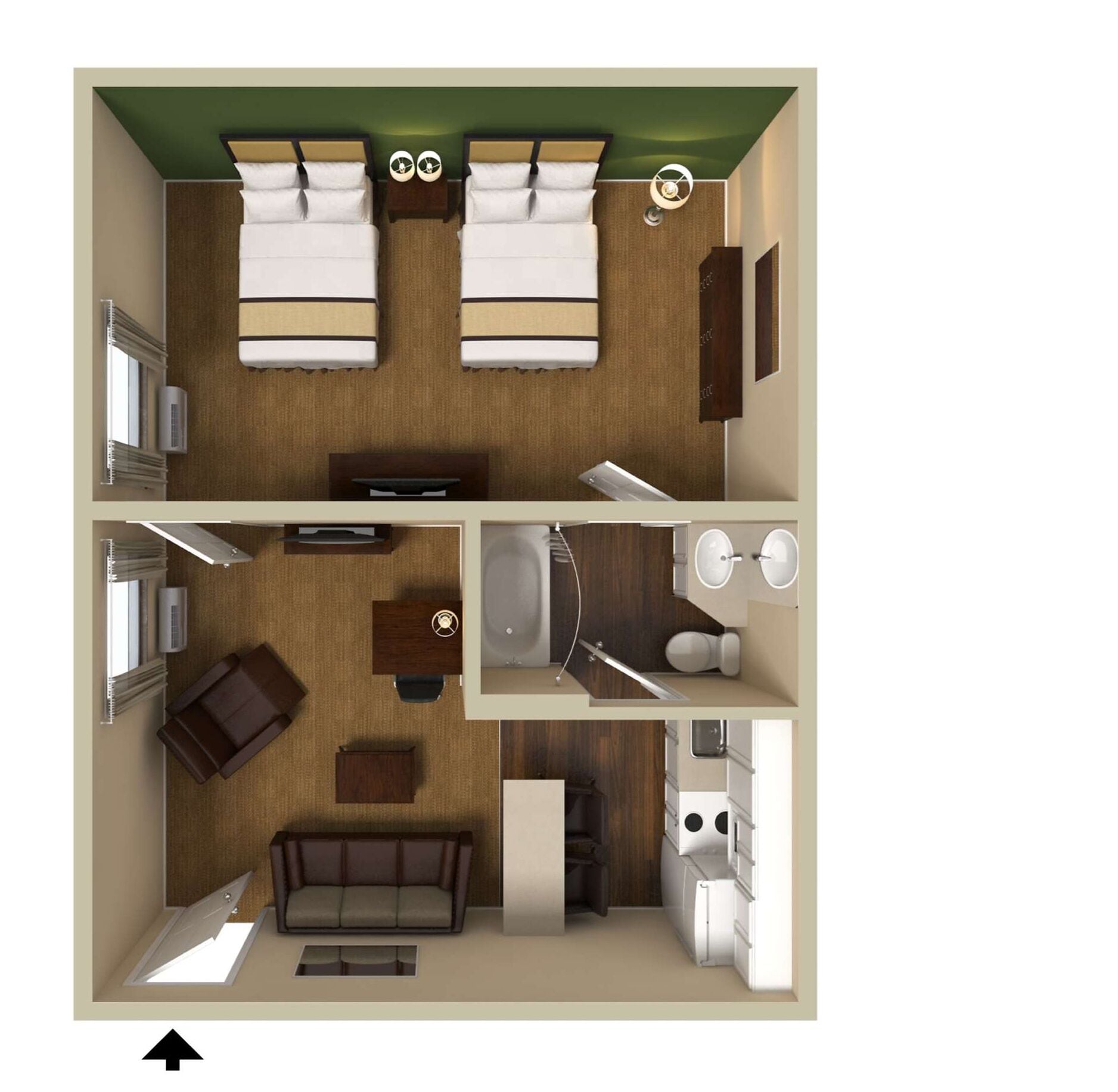 A two-bedroom apartment layout with a kitchenette, a dining area, and a living room.